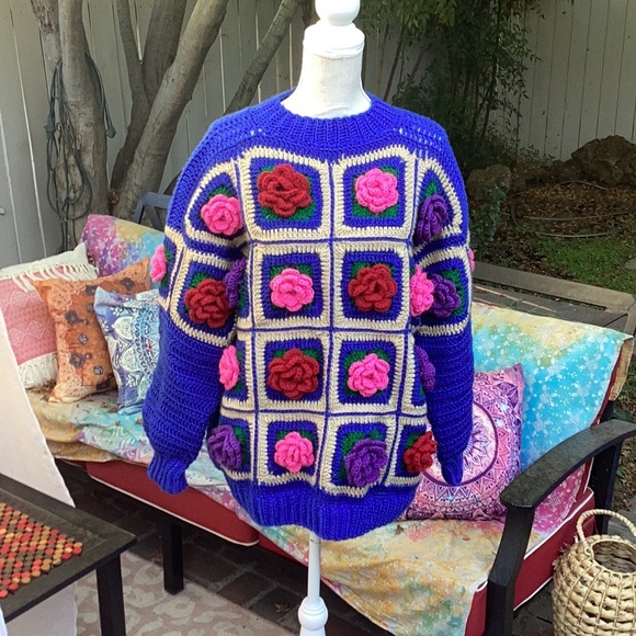 Anthropologie Sweaters - NEW | ✋HANDCRAFTED ❤️ Crocheted 🧶 Granny Squares & Roses 🌹 Sweater